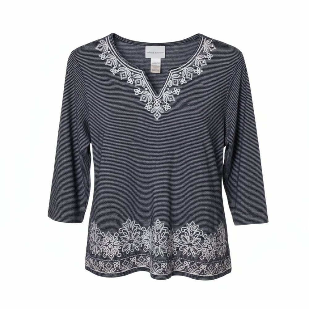 Alfred Dunner Embroidered Stripe Top Large 3/4 Sleeve Knit Casual Boho